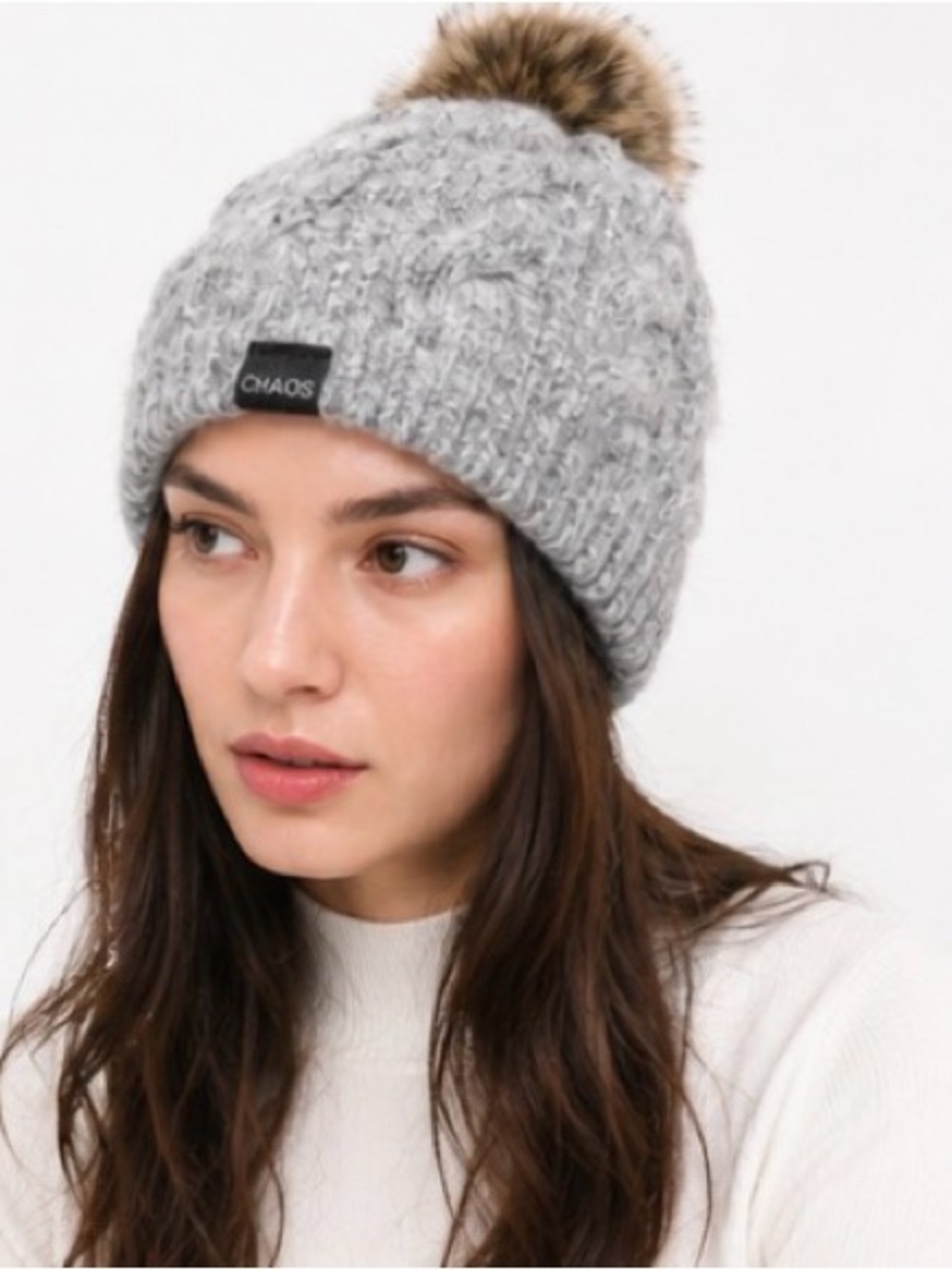 CHAOS Beanie Hat One Size Gray Cable Knit Pom Pom Fleece Lined Winter Ski